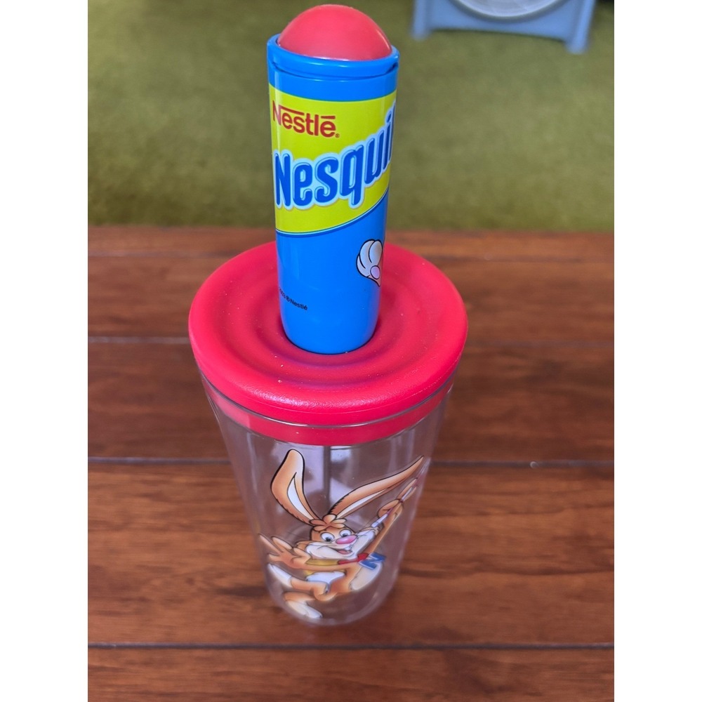 Vintage Nestle Nesquik Quicky Bunny Milk Frother and Tumbler Set Mixer Clear Red
